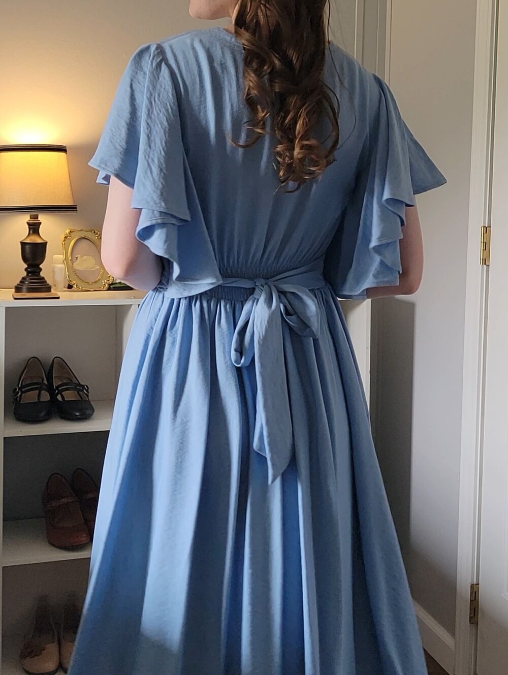 Modest Blue Midi Dress With Butterfly Sleeves And Waist Tie - Picture 7 of 7